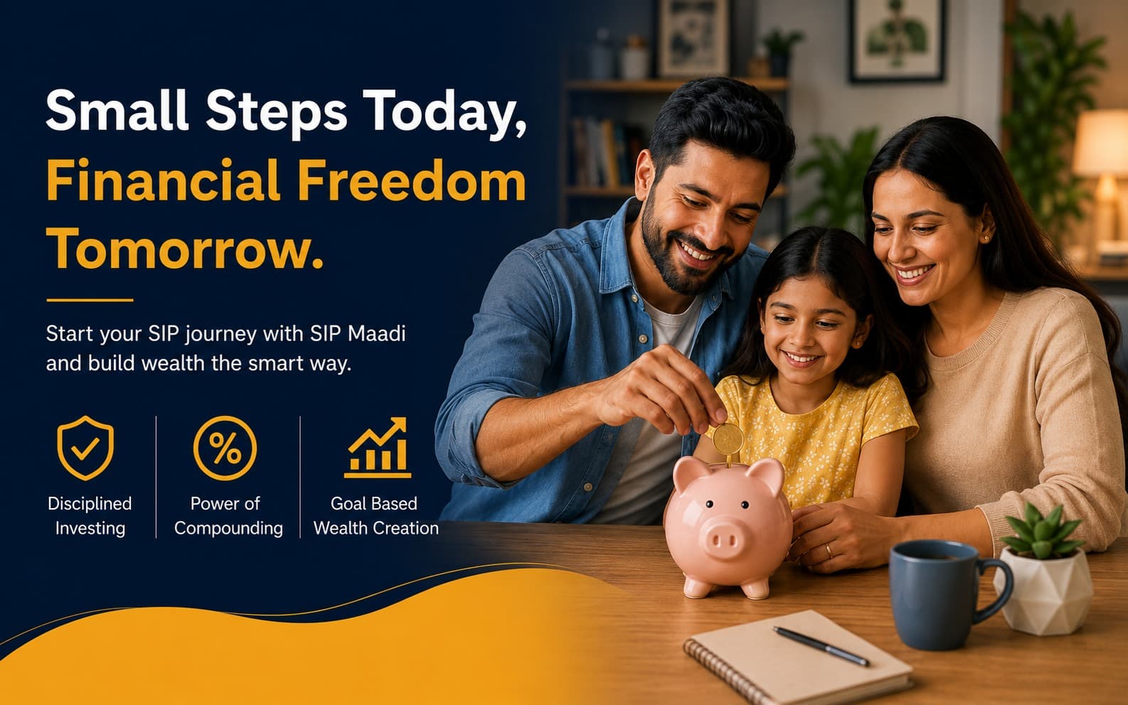 A father and mother helping their daughter place a coin into a piggy bank — small steps today, financial freedom tomorrow. Disciplined investing, the power of compounding, and goal-based wealth creation.