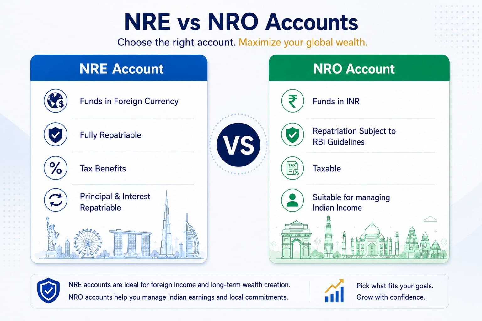 NRE vs NRO Accounts comparison — NRE accounts hold funds in foreign currency, are fully repatriable and tax-free; NRO accounts hold funds in INR, have capped repatriation, and are taxable.