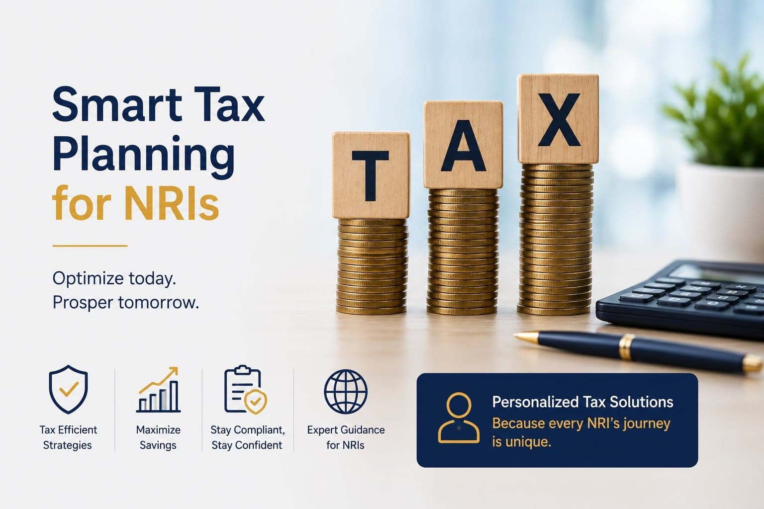 Smart Tax Planning for NRIs — optimize today, prosper tomorrow. Tax efficient strategies, maximize savings, stay compliant, and expert guidance for NRIs. Personalized tax solutions, because every NRI's journey is unique.