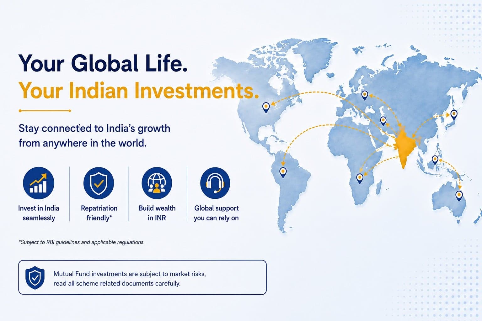 Your Global Life. Your Indian Investments. Stay connected to India's growth from anywhere in the world — invest in India seamlessly, repatriation friendly, build wealth in INR, and global support you can rely on.