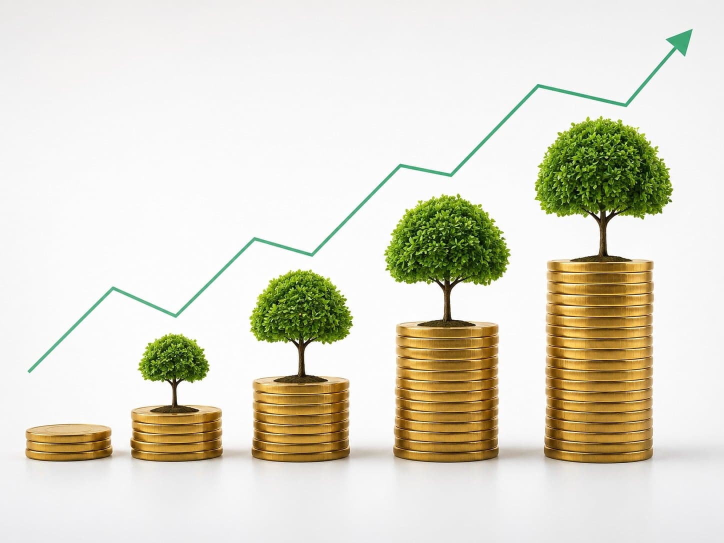 A rising trend of growing money trees on stacks of coins, illustrating how a SIP's value compounds and grows steadily over time.