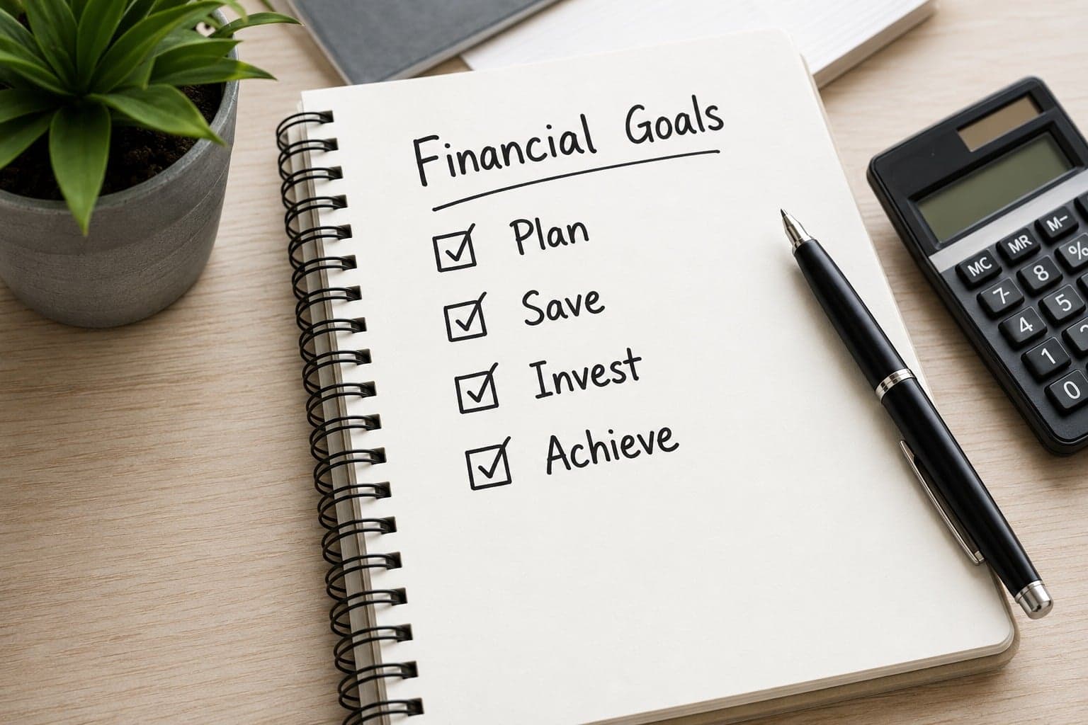 A handwritten financial goals checklist — plan, save, invest, achieve — alongside a pen and calculator, representing the disciplined steps behind a SIP.