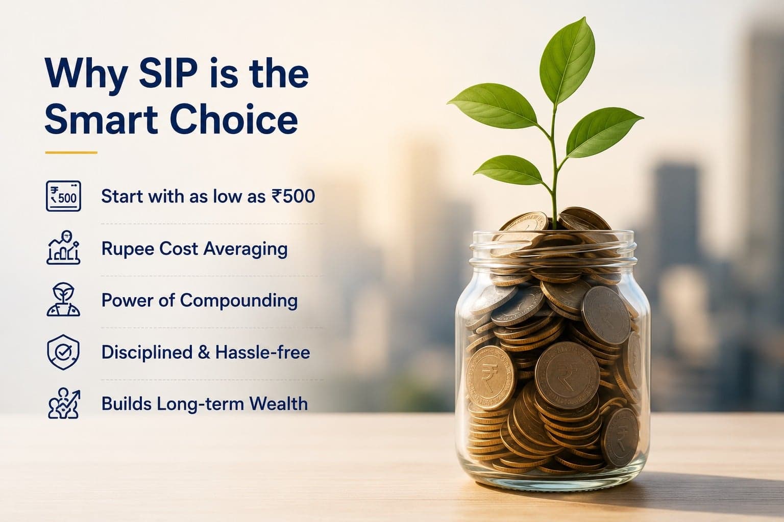 Why SIP is the smart choice: start with as low as ₹500, rupee cost averaging, the power of compounding, disciplined and hassle-free investing, and building long-term wealth.